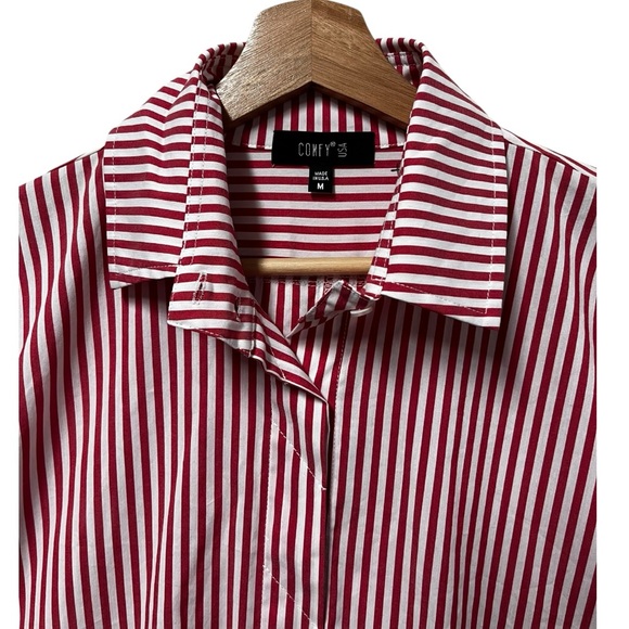 Comfy USA Red Striped Cotton Stretch Relaxed Casual Shirt Top Womens Medium - Picture 2 of 5